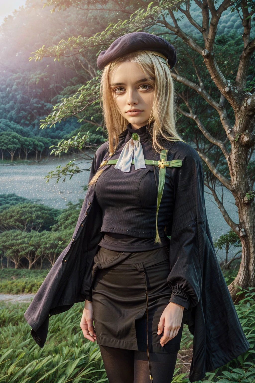 1 girl, best quality, ((Miyo)), tarankaaa, perfect face, beautiful smile, 30 years old, ((ascot, uniform, black skirt, cross, ribbon, gold blonde hair, emerald, beret, cape, pantyhose)), ((perfectly drawn hands)), perfect body, bare tree, bush, fog, forest, grass, nature, outdoors, plant, scenery, solo, standing, tree, 32k photograph, ((perfect eyes, detailed eyes,realistic eyes)), ((sharp face, detailed face, realistic face, natural skin, realistic skin, detailed skin, pores)), full body, tone mapping, asian-european, ((masterpiece)), ((highres)), ((detailed background)), japanese village background, night, big proportions,