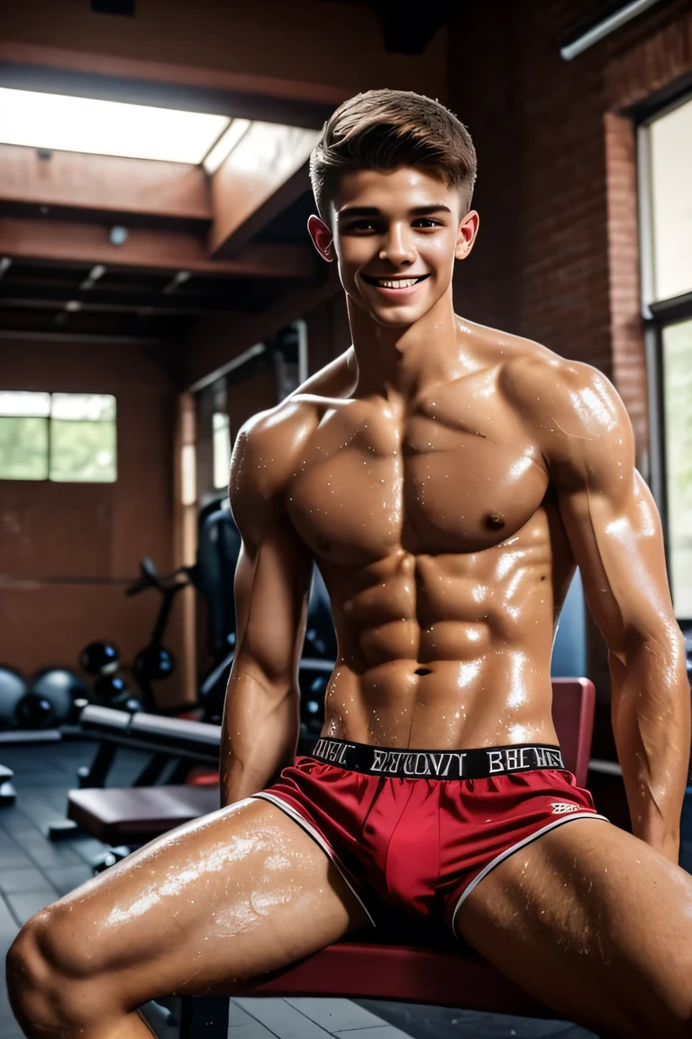 a lean, skinny 20-year-old, shirtless male, smiling, wearing low-waist red boxer shorts, short brown hair, sweating profusely, body drenched in sweat, sitting on the bench, inside the gym, head to waist shot, well-lighted body, well-detailed fingers
