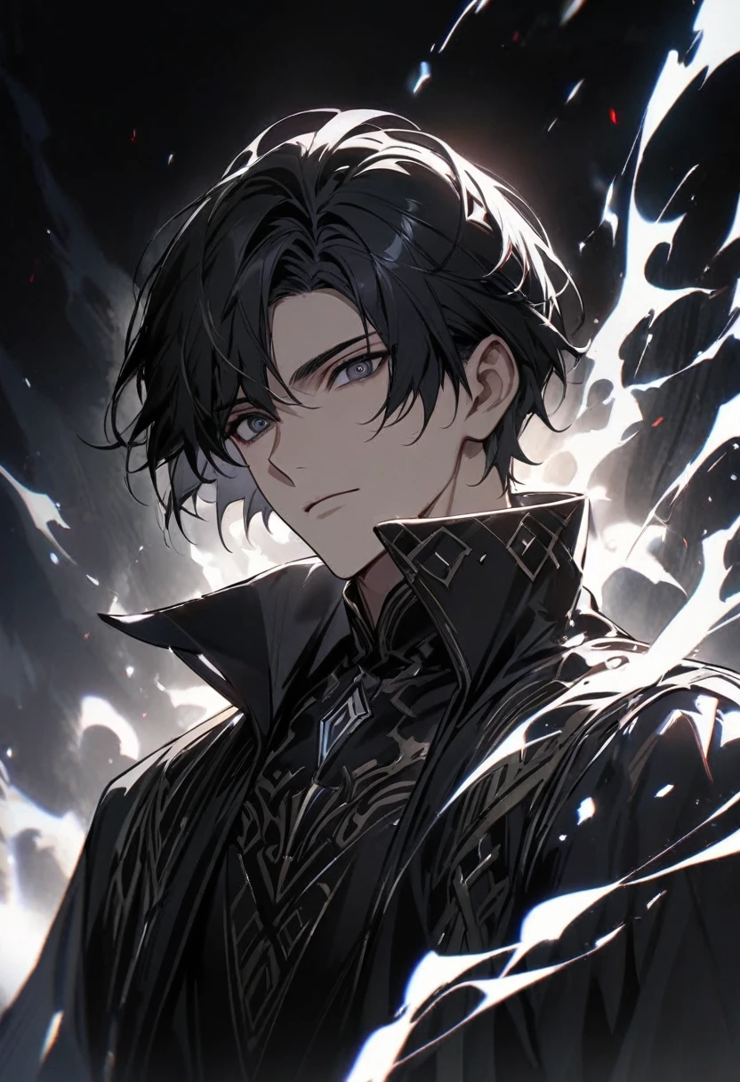 Man, short hair, black hair, black eyes, glowings eyes, black aura, white aura, handsome, high quality,