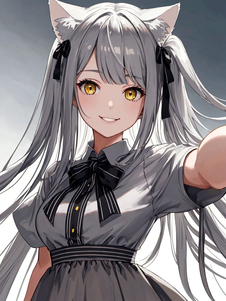 (masterpiece, best quality), 1girl, <lora:original_scarxzys:0.8> grey eyes, pale skin, very long hair, blunt bangs, black hair, white hair, two-tone hair, twintails, (split-color hair:1.3), hair bow, black bow