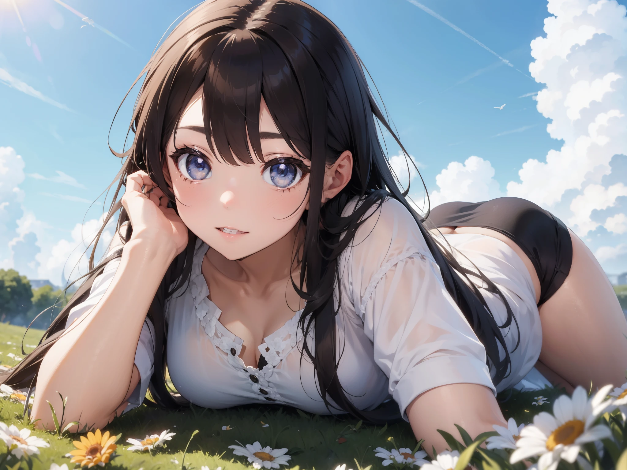 woman,long hair,brown hair,blue eyes,Lie on your back and look at the sky in a field of flowers.,detailed face,Detailed background