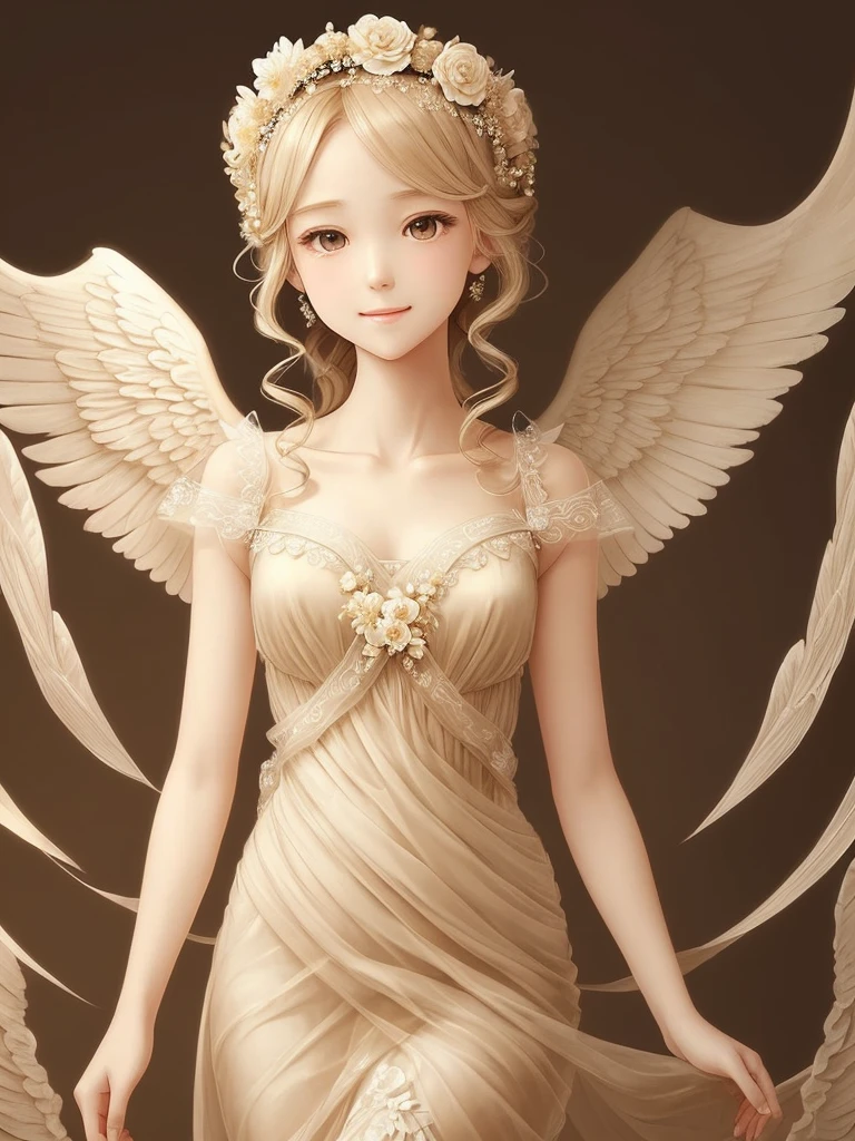 ( Anatomy is quite accurate ) One is wearing a beige gauze dress、With wings、Woman with beige light blond hair wearing flower crown( perfect anatomy )  Translucent wings, Beautiful angel wings,Extremely detailed close up of smiling female angel in flowing gauze dress elegant、Beautiful masterpieces, meticulous depictions, extremely delicate works of art, ultra-precision art,Stunning digital art