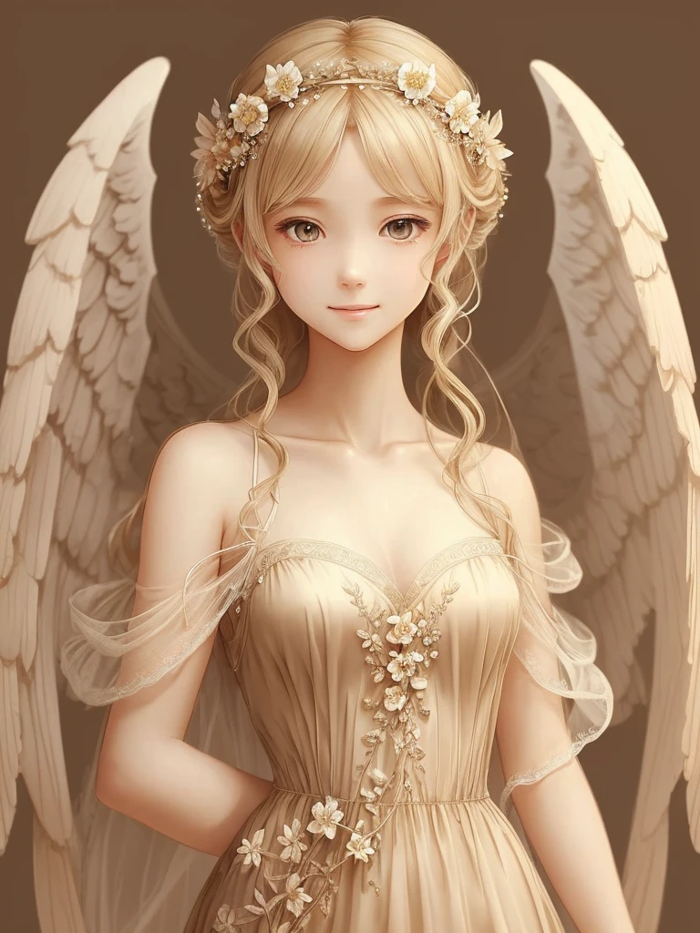 ( Anatomy is quite accurate ) One is wearing a beige gauze dress、With wings、Woman with beige light blond hair wearing flower crown( perfect ??????? ) Translucent wings, Beautiful angel wings,Extremely detailed close up of smiling female angel in flowing gauze dress elegant、Beautiful masterpieces, meticulous depictions, extremely delicate works of art, ultra-precision art,Stunning digital art