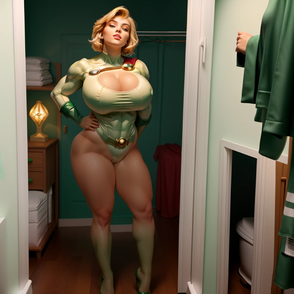 Power Girl in a green top and green bikini posing in a closet, posing and flexing, thick, corpo thick, thick build, Curvaceous Physical Fit, strong pose, beautiful thick female, mid-body shot, posing fully body, whole body!!!, flexing big muscles, perfect and proportional body, powerful pose, exaggeratedly large physique