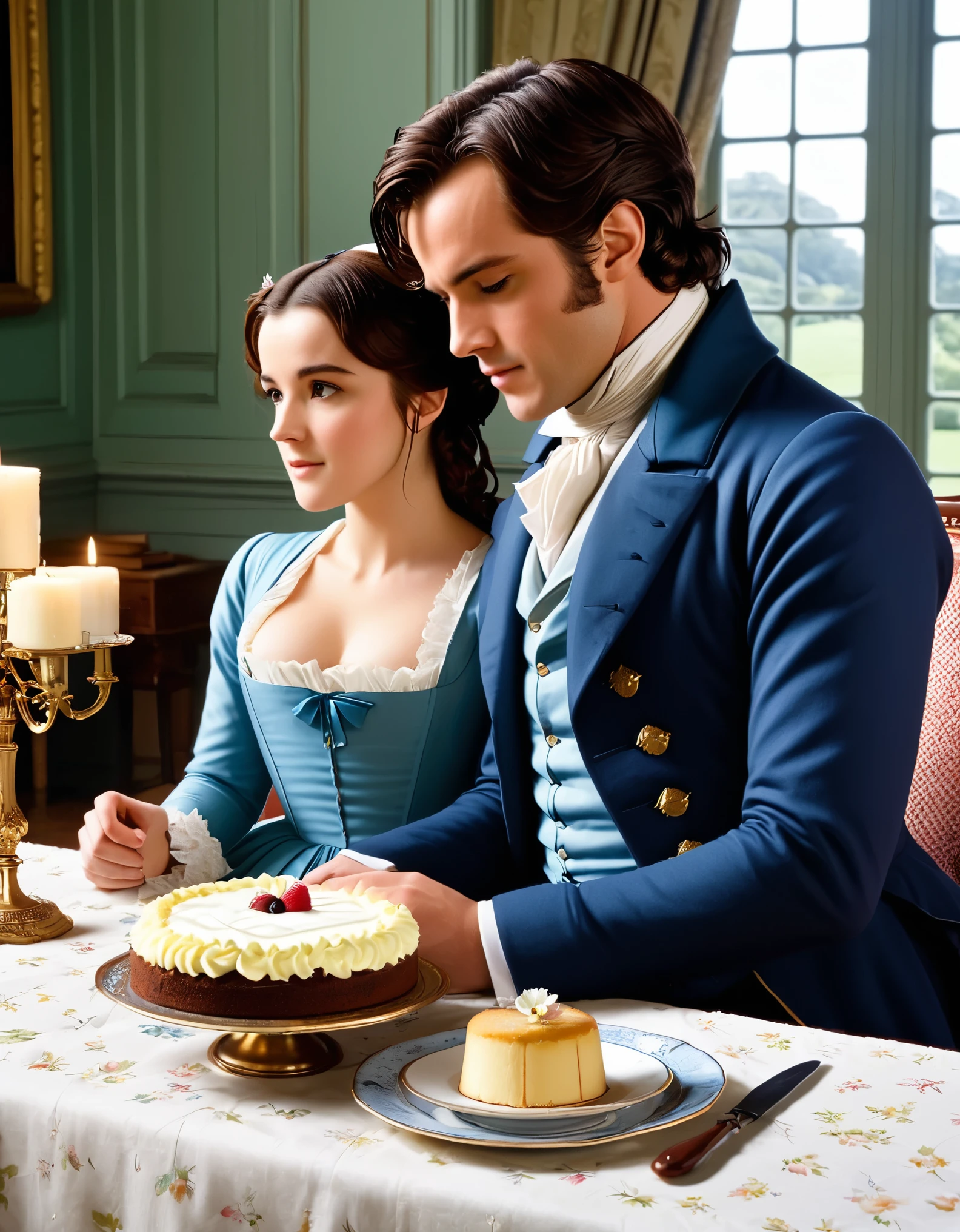 "You are too generous to trifle with me. If your feelings are still what they were last April, tell me so at once."
Image Prompt: Create a scene where Mr. Darcy earnestly seeks confirmation of Elizabeth's feelings, capturing the tension and vulnerability in the moment.