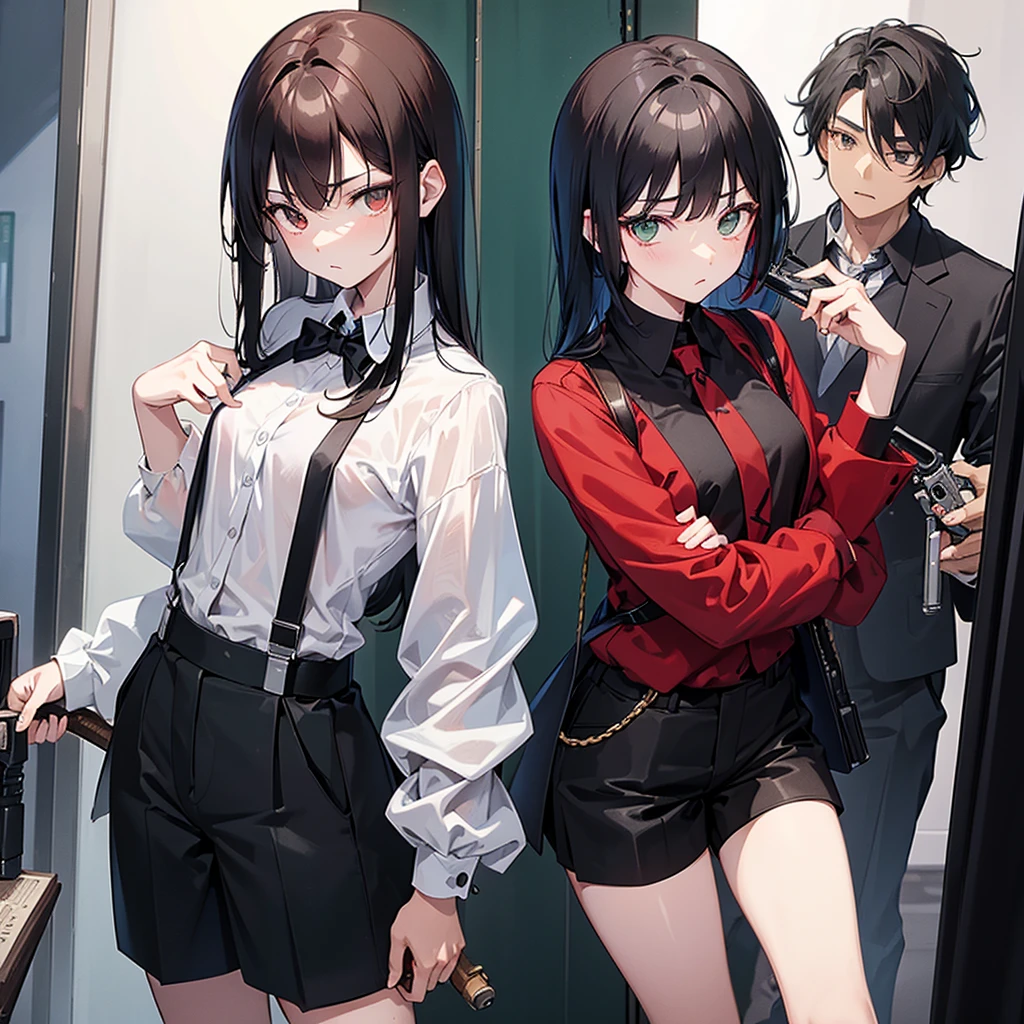  A boy with black hair and red locks in a mafia suit, a gun, brown eyes and white skin.
Next to the boy, a girl with dark brown hair (too much), green eyes and white skin, blue locks, matching black blouse and shorts, loose hair, not too short and bangs and holding a bat