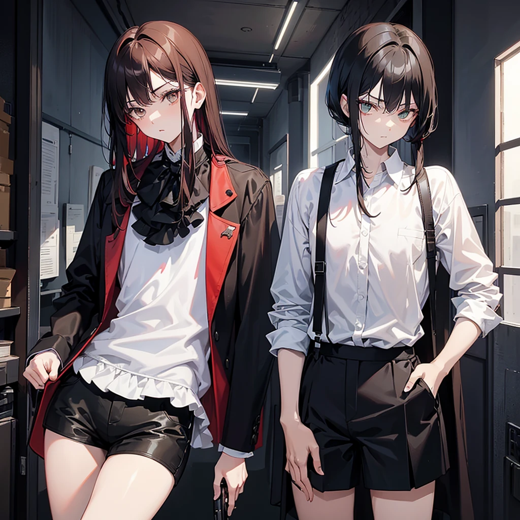 A boy with black hair and red locks in a mafia suit, a gun, brown eyes and white skin.
Next to the boy, a girl with dark brown hair (too much), green eyes and white skin, blue locks, matching black blouse and shorts, loose hair, not too short and bangs and holding a bat