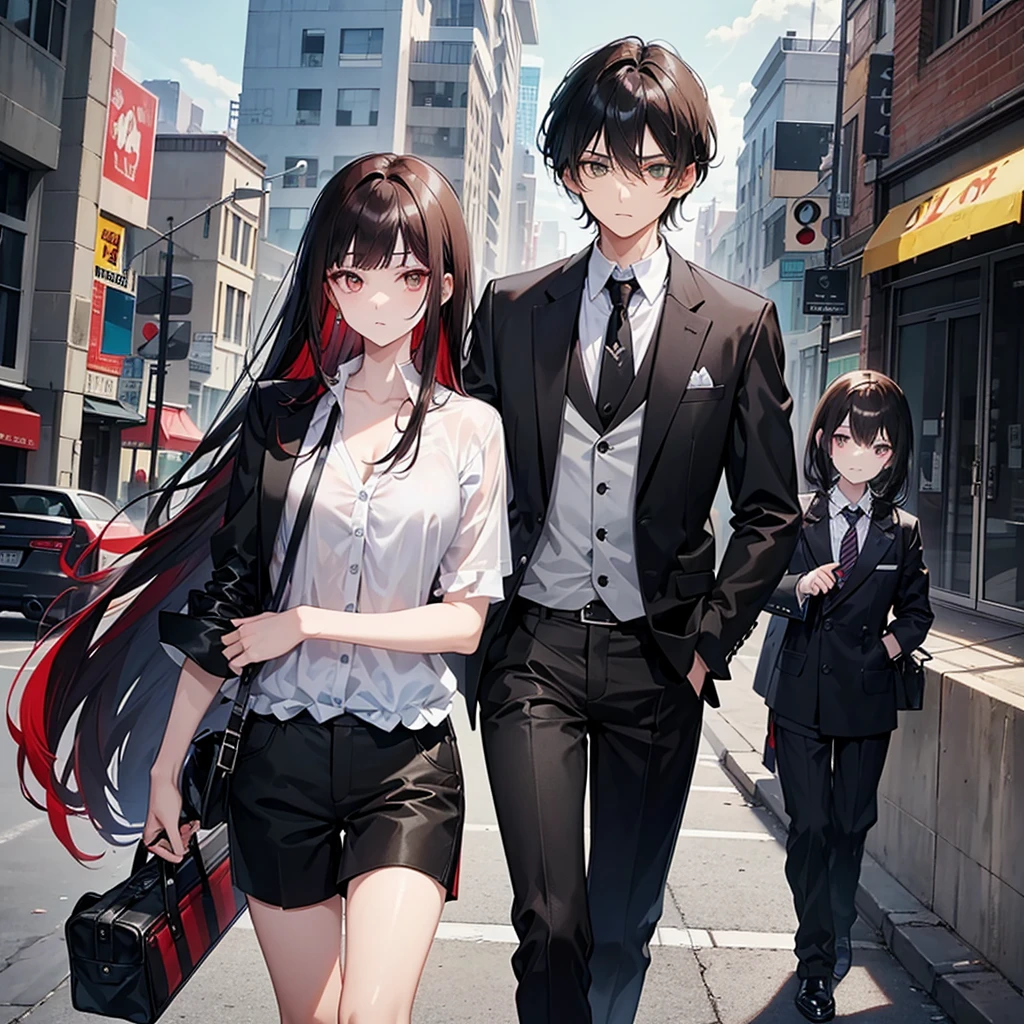  A boy with black hair and red locks in a mafia suit, a gun, brown eyes and white skin.
Next to the boy, a girl with dark brown hair (too much), green eyes and white skin, blue locks, matching black blouse and shorts, loose hair, not too short and bangs and holding a bat