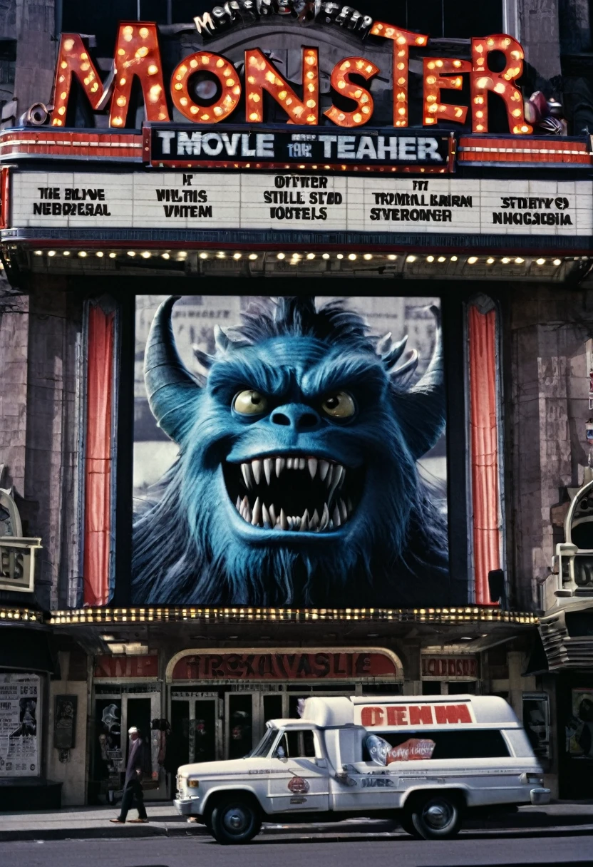 A cinematic scene showing a movie theater facade with 'Monster' on the marquee, surrounded by newspaper headlines.