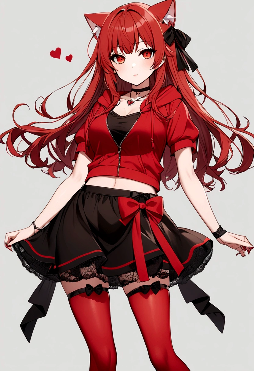 a girl with a red skirt and a black skirt that is under the red shirt . red stockings . red zip up hoodie, black shirt underneath with short sleeves and ,red hair, long hair and a flower with a ribbon on the bottom on the side on the hair and red eyes has a black Choker , and a small heart red necklace , has a ribbon bow waistband , full body
