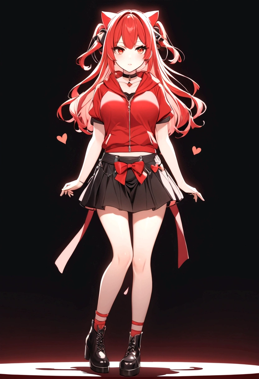 a girl with a red skirt and a black skirt that is under the red shirt . red stockings . red zip up hoodie, black shirt underneath with short sleeves and ,red hair, long hair and a flower with a ribbon on the bottom on the side on the hair and red eyes has a black Choker , and a small heart red necklace , has a ribbon bow waistband , full body