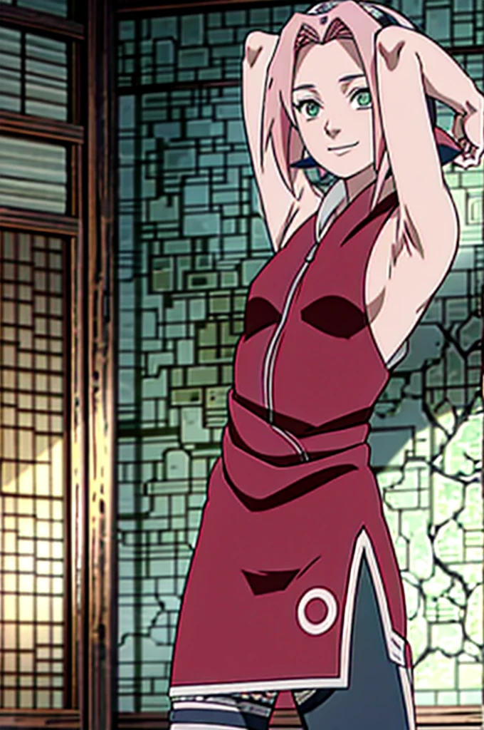 Sakura Haruno, sleeveless, Red jacket, forehead protector, symbol of konohagakure, arms behind head, armpits, showing armpits, posing, green eyes, perfect proportions, Sakura Shippuden, armpit sweat, armpit stubble, small hairy armpit, armpit stain on clothes, SMILE, beautiful, focus on upper body