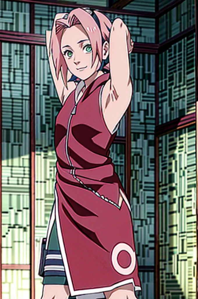 Sakura Haruno, sleeveless, Red jacket, forehead protector, symbol of konohagakure, arms behind head, armpits, showing armpits, posing, green eyes, perfect proportions, Sakura Shippuden, armpit sweat, armpit stubble, small hairy armpit, armpit stain on clothes, SMILE, beautiful, focus on upper body