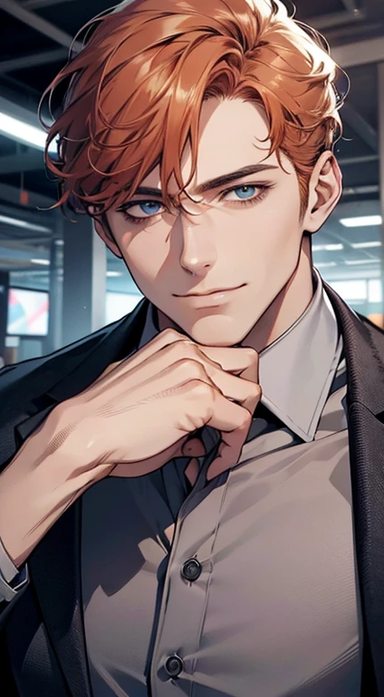 (best quality,4k,8k,highres,masterpiece:1.2),ultra-detailed,(realistic,photorealistic,photo-realistic:1.37),1 man,31 years old,mature man,very handsome,without expression,smile,short grey orange hair,blue eyes,penetrating gaze,perfect face without errors,imposing posture,businessman,office background,cinematic lighting,hdr image