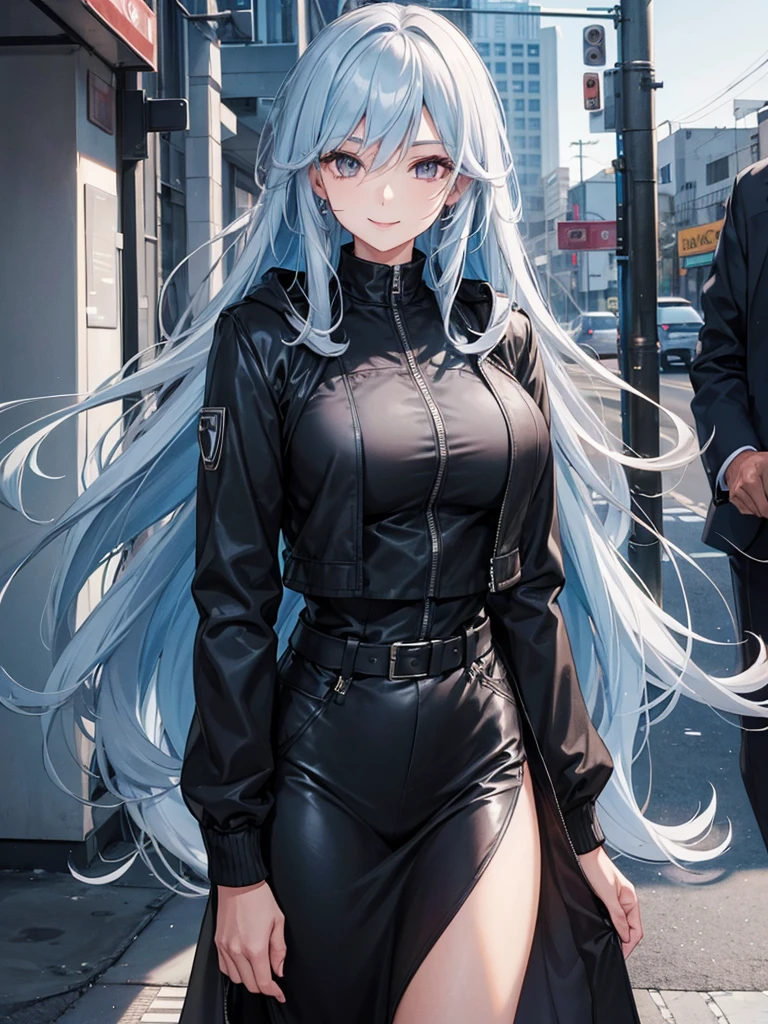 woman, long curry wavy light steel blue hair, dark gray black eyes, independent woman, kind smile. mature woman. mafia. wear jacket. girl boss. doctor.