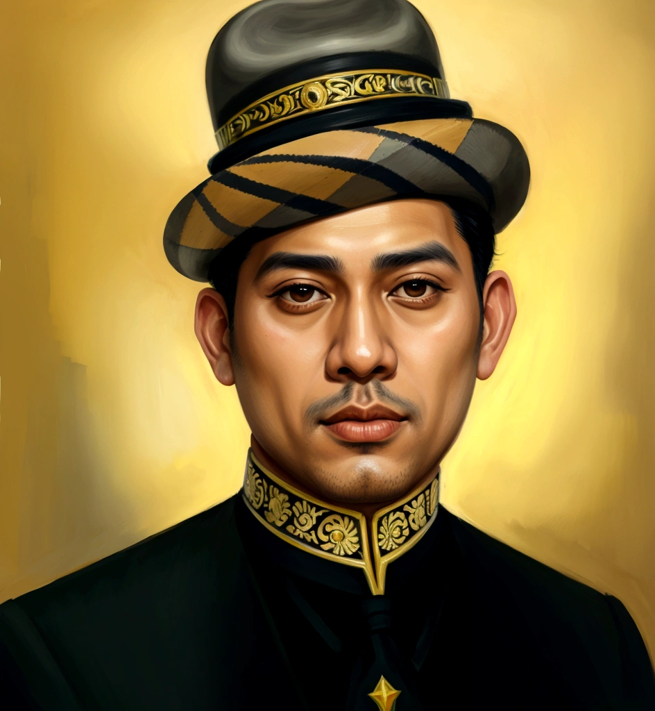 painting of a man in a hat and uniform with a tie, inspired by Abdur Rahman Chughtai, color portrait, jotaro kujo, inspired by Basuki Abdullah, jotaro, inspired by Altoon Sultan, inspired by Benito Quinquela Martín, inspired by Oka Yasutomo, inspired by Carlos Saenz de Tejada, detailed color portrait