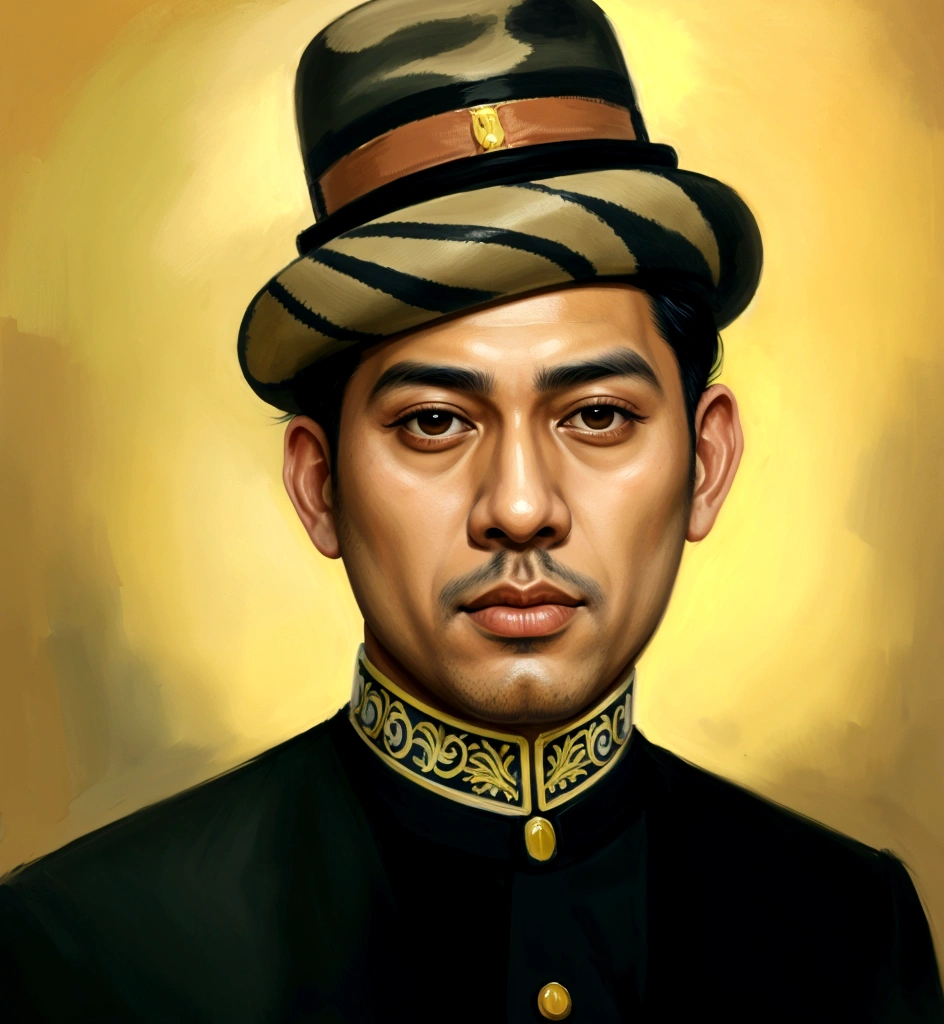 painting of a man in a hat and uniform with a tie, inspired by Abdur Rahman Chughtai, color portrait, jotaro kujo, inspired by Basuki Abdullah, jotaro, inspired by Altoon Sultan, inspired by Benito Quinquela Martín, inspired by Oka Yasutomo, inspired by Carlos Saenz de Tejada, detailed color portrait