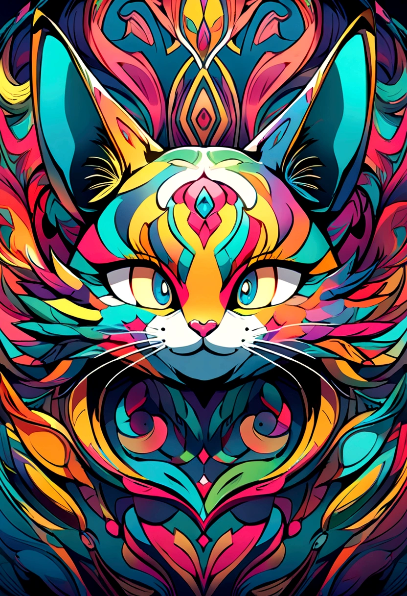 Highly stylized digital artwork of a cat designed in a cartoon animation style, with intricate details and vibrant colors. The cat is depicted with exaggerated features, such as large, expressive eyes and a dynamic pose, making it look playful and engaging. The fur has detailed textures, and the overall design includes various accessories or elements that add personality to the character. The background is simple yet complementary, enhancing the cat's vibrant appearance. The overall design is meant to be visually striking and full of character