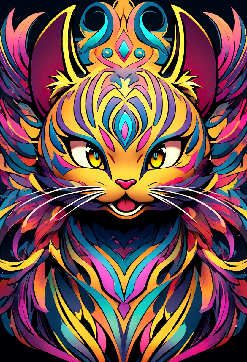 Highly stylized digital artwork of a cat designed in a cartoon animation style, with intricate details and vibrant colors. The cat is depicted with exaggerated features, such as large, expressive eyes and a dynamic pose, making it look playful and engaging. The fur has detailed textures, and the overall design includes various accessories or elements that add personality to the character. The background is simple yet complementary, enhancing the cat's vibrant appearance. The overall design is meant to be visually striking and full of character