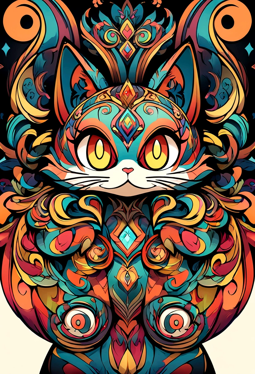 Highly stylized digital artwork of a cat designed in a cartoon animation style, with intricate details and vibrant colors. The cat is depicted with exaggerated features, such as large, expressive eyes and a dynamic pose, making it look playful and engaging. The fur has detailed textures, and the overall design includes various accessories or elements that add personality to the character. The background is simple yet complementary, enhancing the cat's vibrant appearance. The overall design is meant to be visually striking and full of character