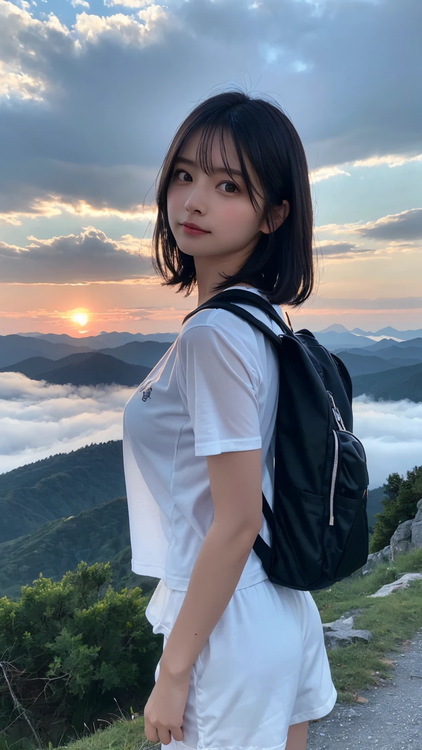 Highest quality, masterpiece, Ultra-high resolution, (Realistic:1.3), RAW Photos, (Nature landscape photography), (Majestic Mountain々The summit of the, sea of clouds), (On top of a very large mountain), (sunset), (One Girl), (Upper Body), (20-year-old), (smile:0.9), (Shiny skin), (short hair, Dark brown hair), (A loose white see-through T-shirt), (Tight casual super short pants), (Carry a large backpack on your back), (Ultra detailed face), (Nipple erection:1.2), (Highly detailed eyes), (Highly detailed nose), (Highly detailed mouth), (Very skilled hands), (Super-detailed body), Sony a7, 85mm lens, f9.0, Pan Focus
、High-quality lace panties available、(Face the camera with your body facing forward、Face to face:1.3)、