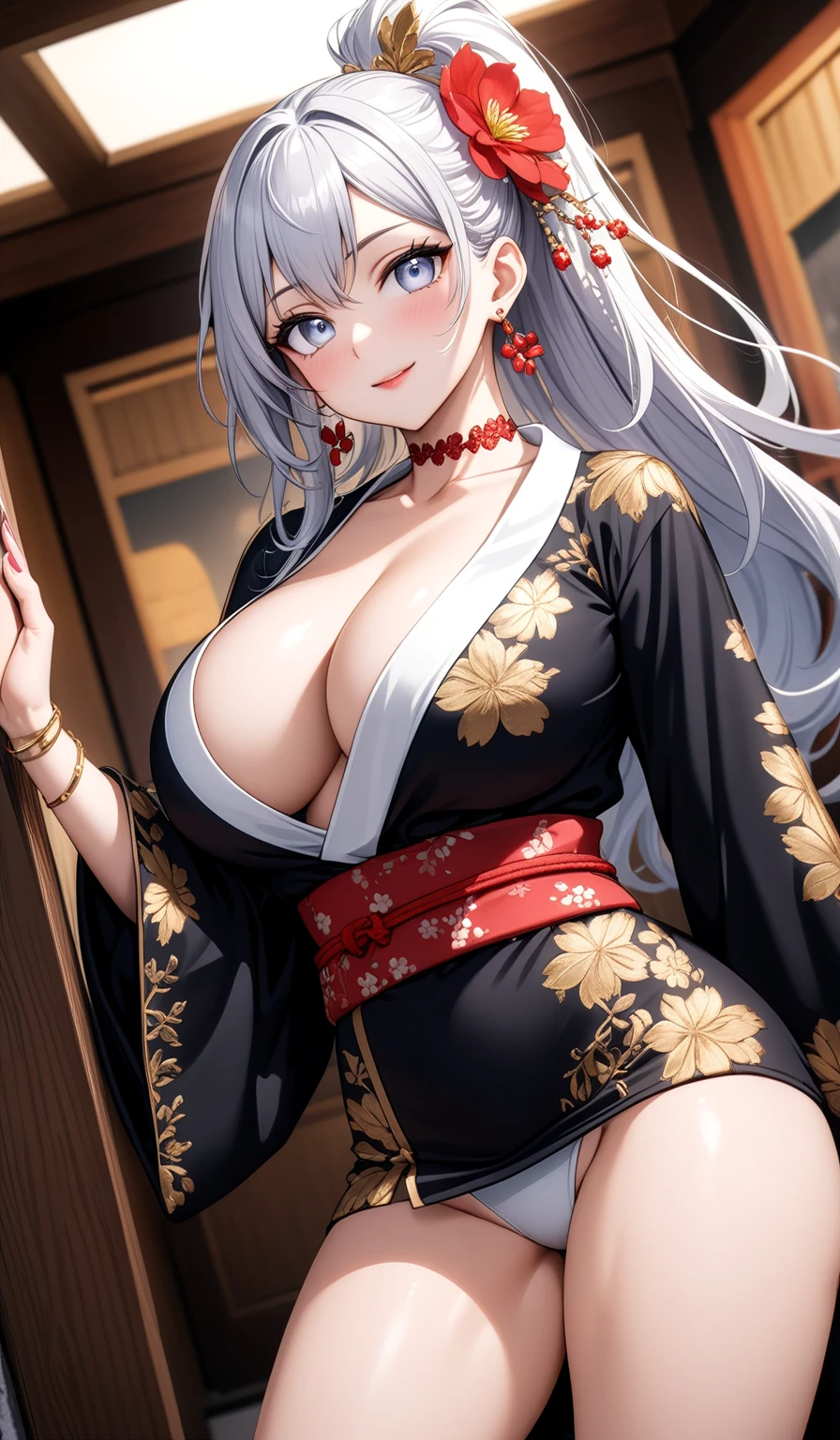 ((One personの女性)), Beautiful Face, (Laughing embarrassedly), (seductive smile:1.4), ((Wink:1.9)), (head tilt:1.3), Laugh with your mouth wide open, upper teeth, looking at viewer, (Doing sexy poses), ((Bright red cheeks:1.4)), Glossy Red Lips, rooftop, firework, Glossy red lips, Shining Face, ((Anime style background)),masterpiece, Highest quality, so beautiful,up to date, Complex details, (Pink long nails), (nail art), (ring),(bracelet),(Floral choker),AI-generated, Complex,High resolution, Highest quality, super high quality,3D Images、3D Images,One person,Long white hair,High Ponytail, Anime woman posing for a photo, (blue eyes), ((Fine grain、Light silvery white eyes、Shining Eyes:1.3)), (Squint your eyes:1.1),a hyperRealistic , hyperRealistic , Realistic,Anime woman with long white hair, Smooth anime CG art, (A woman in a colorful kimono with gold embroidery), (Black long sleeve kimono),Red floral pattern,Long flower hair ornament,Earrings,Mature Body,(Big Breasts:1.1),Tall,Abdominal muscles,Tight waist, (face focus), (knee shot:1.2), (dutch angle:1.3),