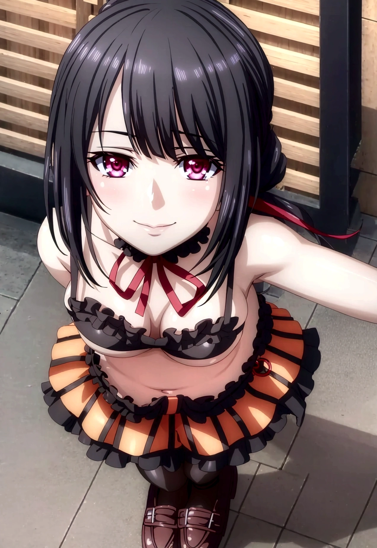 ultra-detailed,highly detailed,best quality,masterpiece,illustration,realistic, photo,photorealistic,
1girl, tokisaki kurumi,cosplay,hair over one eye, looking at viewer, happy girl,low twintails,
, hotpants, neck ribbon, hair rings, loafers,
Outdoors, walking, rooftop