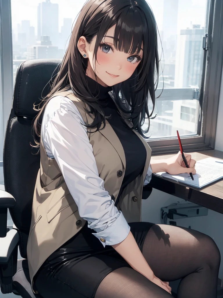 1lady sitting (crossed legs), office worker (stylish outfit), (gray vest) (pencil skirt), mature female, /(dark brown hair/) bangs, blush kind smile, (masterpiece best quality:1.2) delicate illustration ultra-detailed, large breasts, pantyhose BREAK (modern office indoors), window cityscape, detailed background