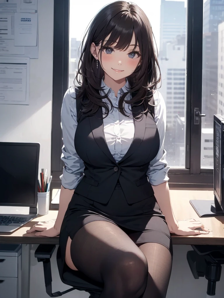 1lady sitting (crossed legs), office worker (stylish outfit), (gray vest) (pencil skirt), mature female, /(dark brown hair/) bangs, blush kind smile, (masterpiece best quality:1.2) delicate illustration ultra-detailed, large breasts, pantyhose BREAK (modern office indoors), window cityscape, detailed background