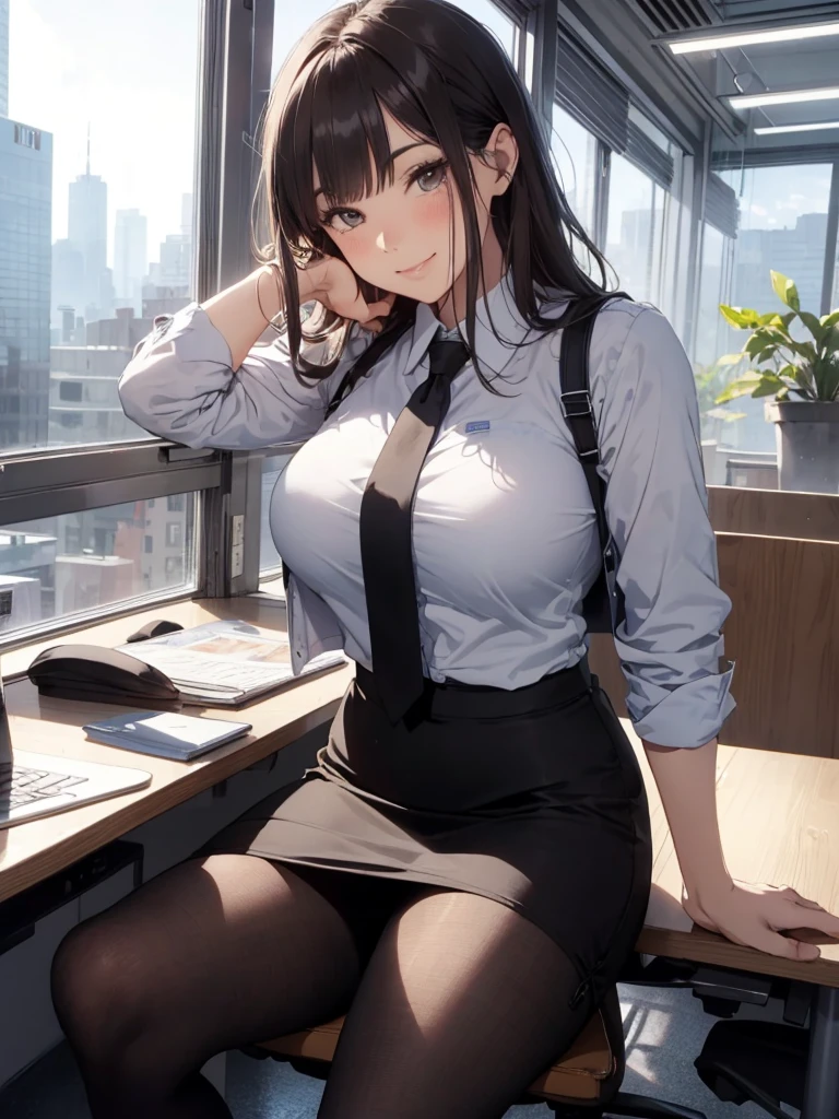 1lady sitting (crossed legs), office worker (stylish outfit), (gray vest) (pencil skirt), mature female, /(dark brown hair/) bangs, blush kind smile, (masterpiece best quality:1.2) delicate illustration ultra-detailed, large breasts, pantyhose BREAK (modern office indoors), window cityscape, detailed background