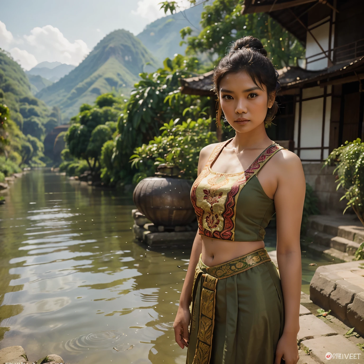 make a photo of an 30 years old Indonesian woman, 167 cm tall, 50 kg weight, beautiful, olive skinned, wearing traditional Indonesia clothes, wearing a bun, bring pottery, river and mountains background, realistic.  