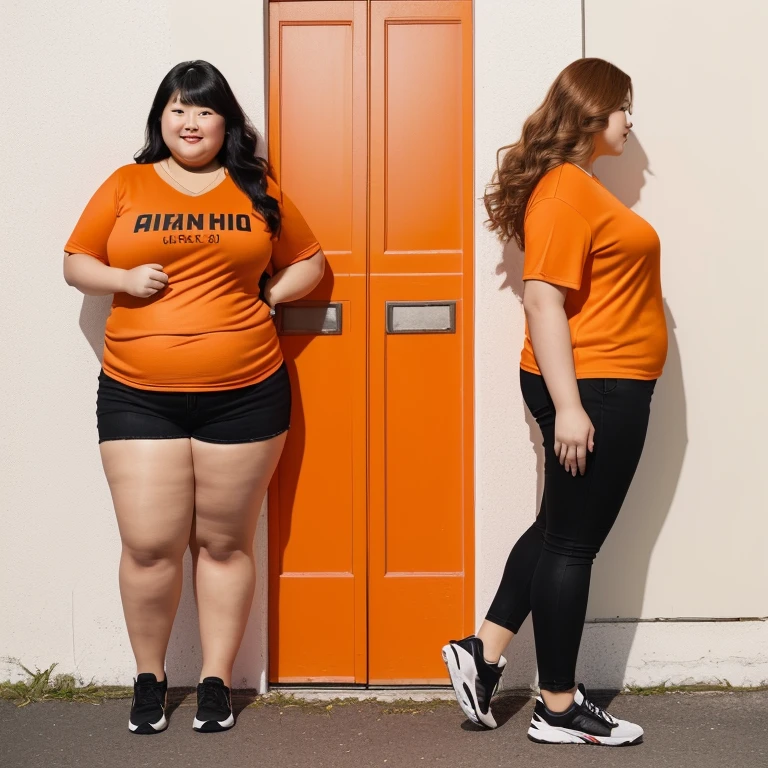 Araped woman wearing an orange shirt standing next to another woman wearing black shorts, Full body wide shot, full body photo, full body photo, Short and sturdy woman, The picture is large, fat ), full body photo, full body photo, full body image, overweight, full body shot, fat 여자, Overall - body and head view, an fat