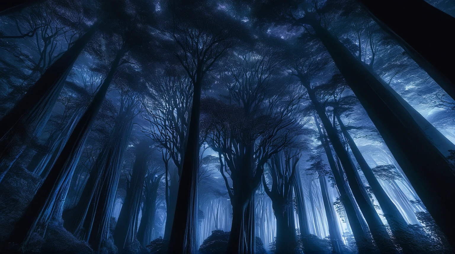 Tall Tree々and a painting of a forest with purple lights., an image of a Moonlight Forest, Night Forest, Night Forest, Deep forest at night, Blue Forest, foggy Night Forest, Moonlight Forest, Mysterious Forest, mysterious dense forest, Forest Night, 静かなForest Night景, Luminous Forest, dense lush Night Forest