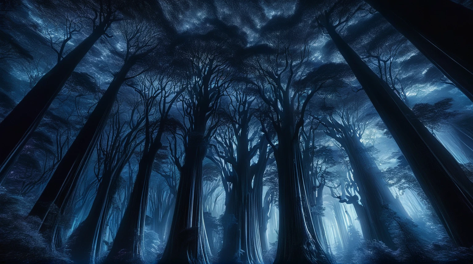 Tall Tree々and a painting of a forest with purple lights., an image of a Moonlight Forest, Night Forest, Night Forest, Deep forest at night, Blue Forest, foggy Night Forest, Moonlight Forest, Mysterious Forest, mysterious dense forest, Forest Night, 静かなForest Night景, Luminous Forest, dense lush Night Forest