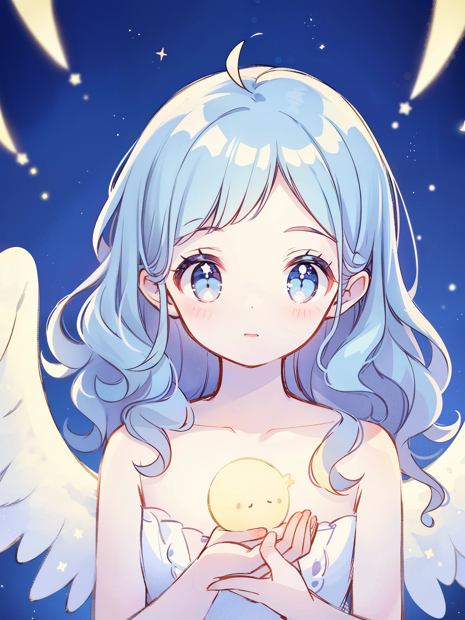 angel girl, pale skin, ((blue mint wavy hair)), white feathers, angel wings, sparkling detailed eyes, golden ratio face, perfect composition, highly detailed, ethereal, (starry night sky background), midjourney style