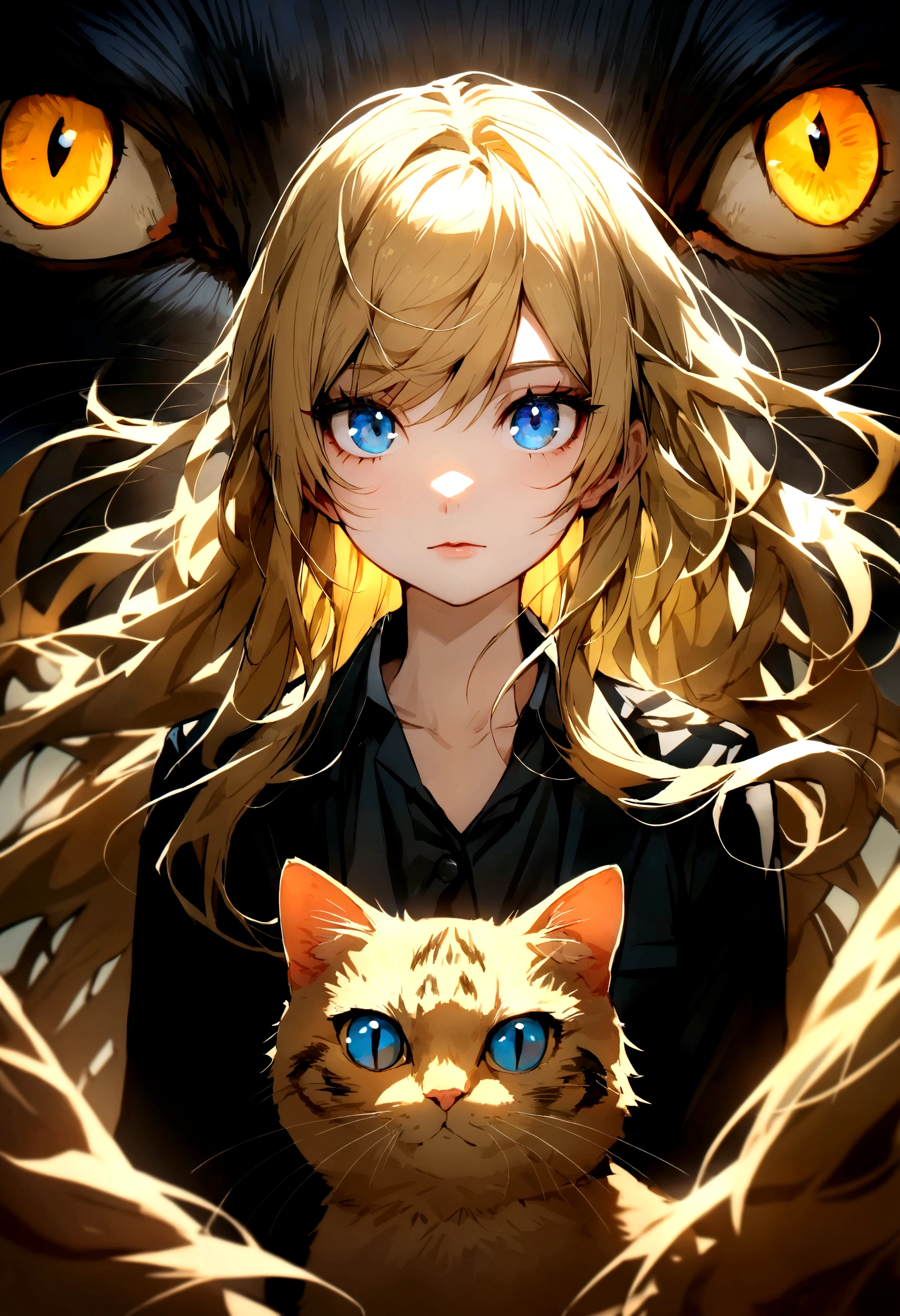 (Highest quality)(detailed)(1 girl,single,long hair,Dark yellow hair,blue eyes ,Black suit shirt,Turn to look at the viewer,with guardian cat)