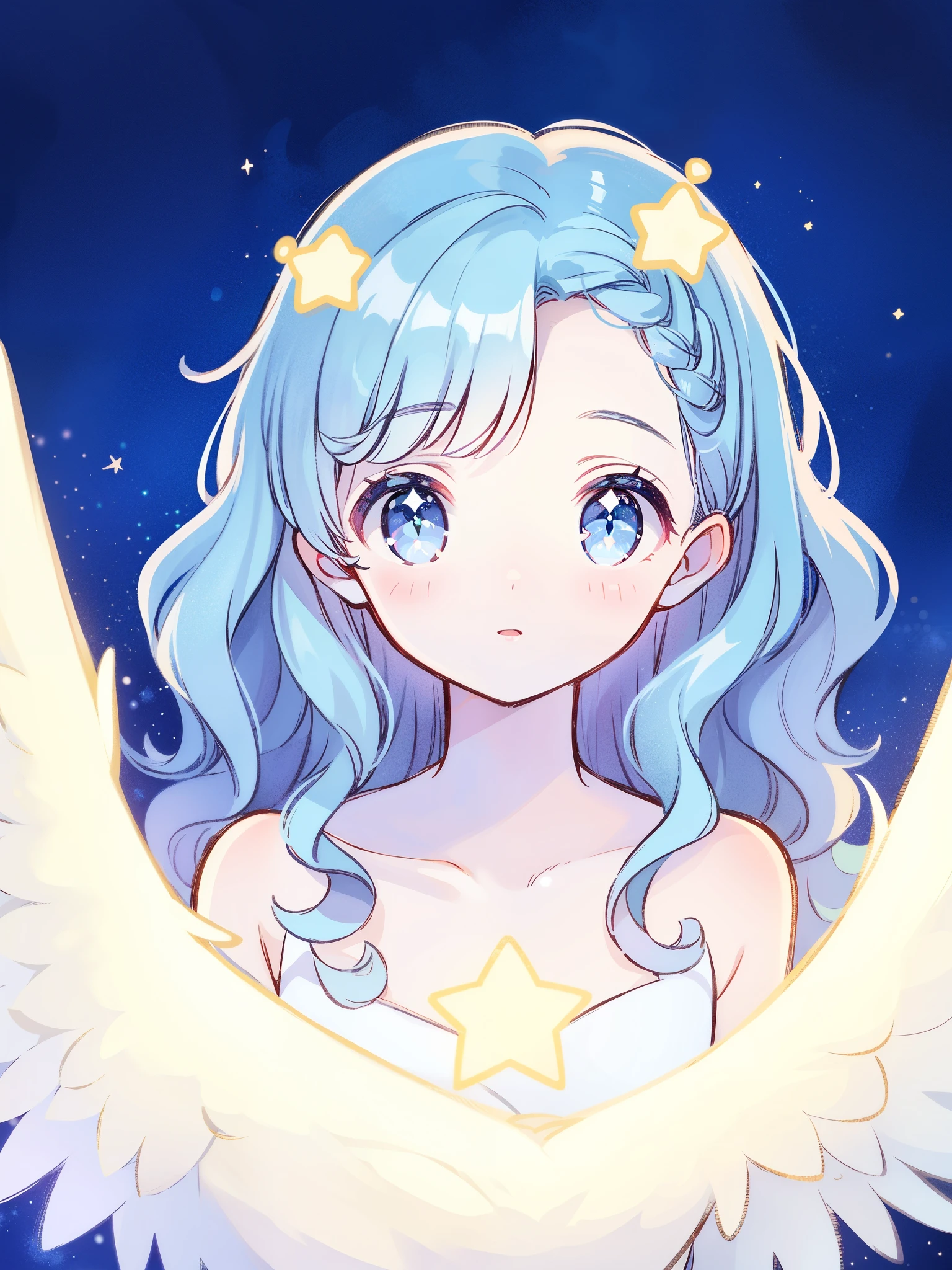 cute nude angel girl wearing an ethereal translucent dress, pale skin, ((wavy blue hair)), white feathers, angel wings, sparkling detailed eyes, golden ratio face, perfect composition, highly detailed, ethereal, (starry night sky background), midjourney style