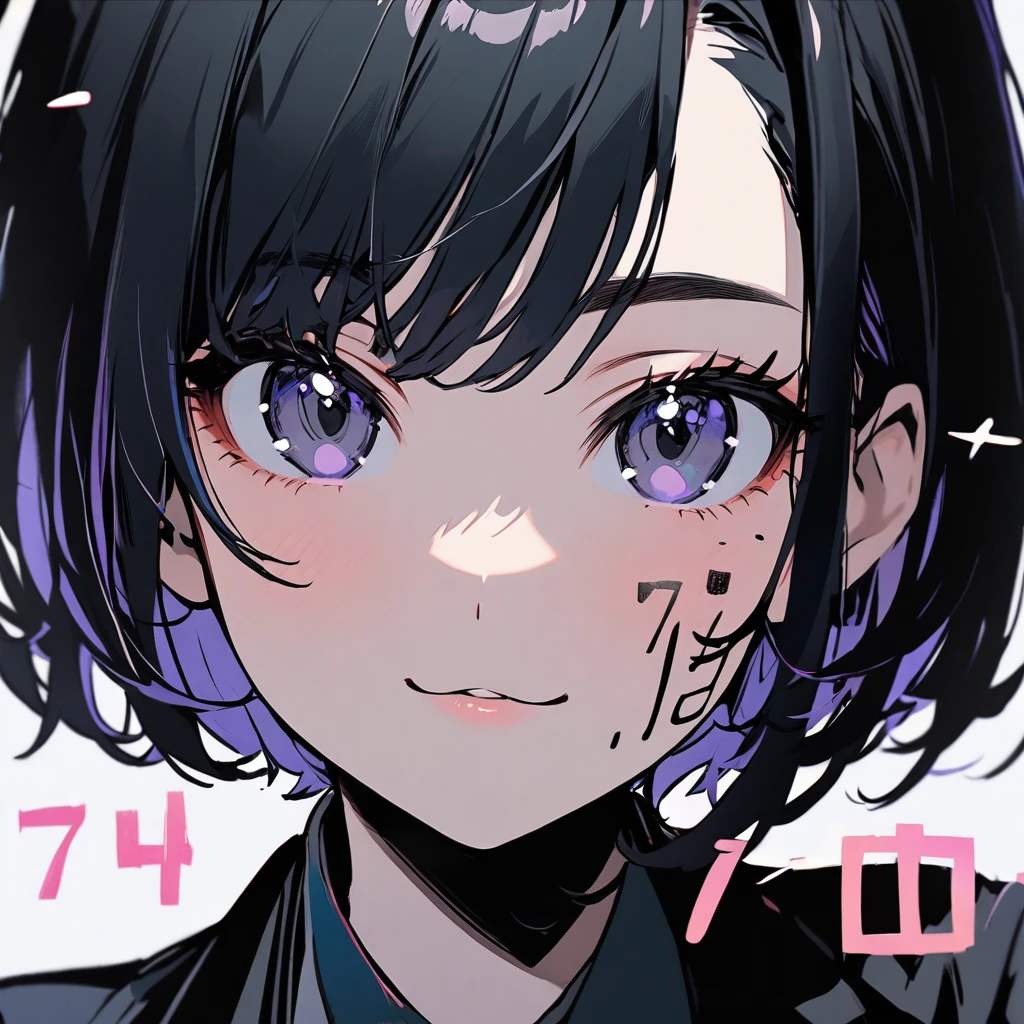 one girls portrait,cool and beauty,("7" on the Cheek),The numbers that appear on the cheeks,wearing black suit,short hair