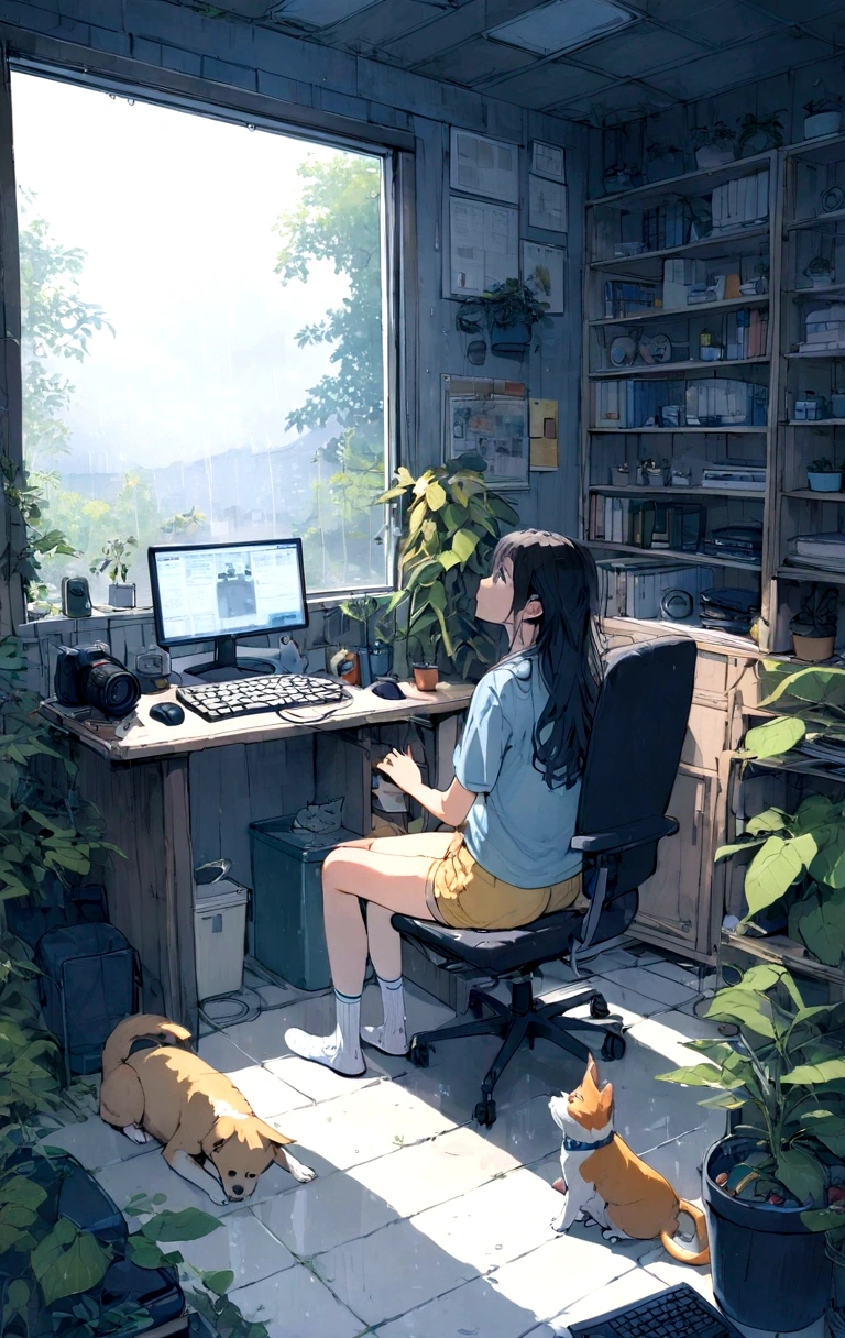 1girl,bookshelf,black hair,chair,indoors,dog,rain,shirt,window,socks,plant,shorts,sitting,computer,book,solo,long hair,potted plant,monitor,shelf,yellow shorts,office chair,short sleeves,keyboard (computer),cat,bag,desk,blue shirt,trash can,english text,profile,mouse (computer),Look up,rain outside the window,shadow of the trees,Perspective,profile,look up,panoramic view,think,free camera