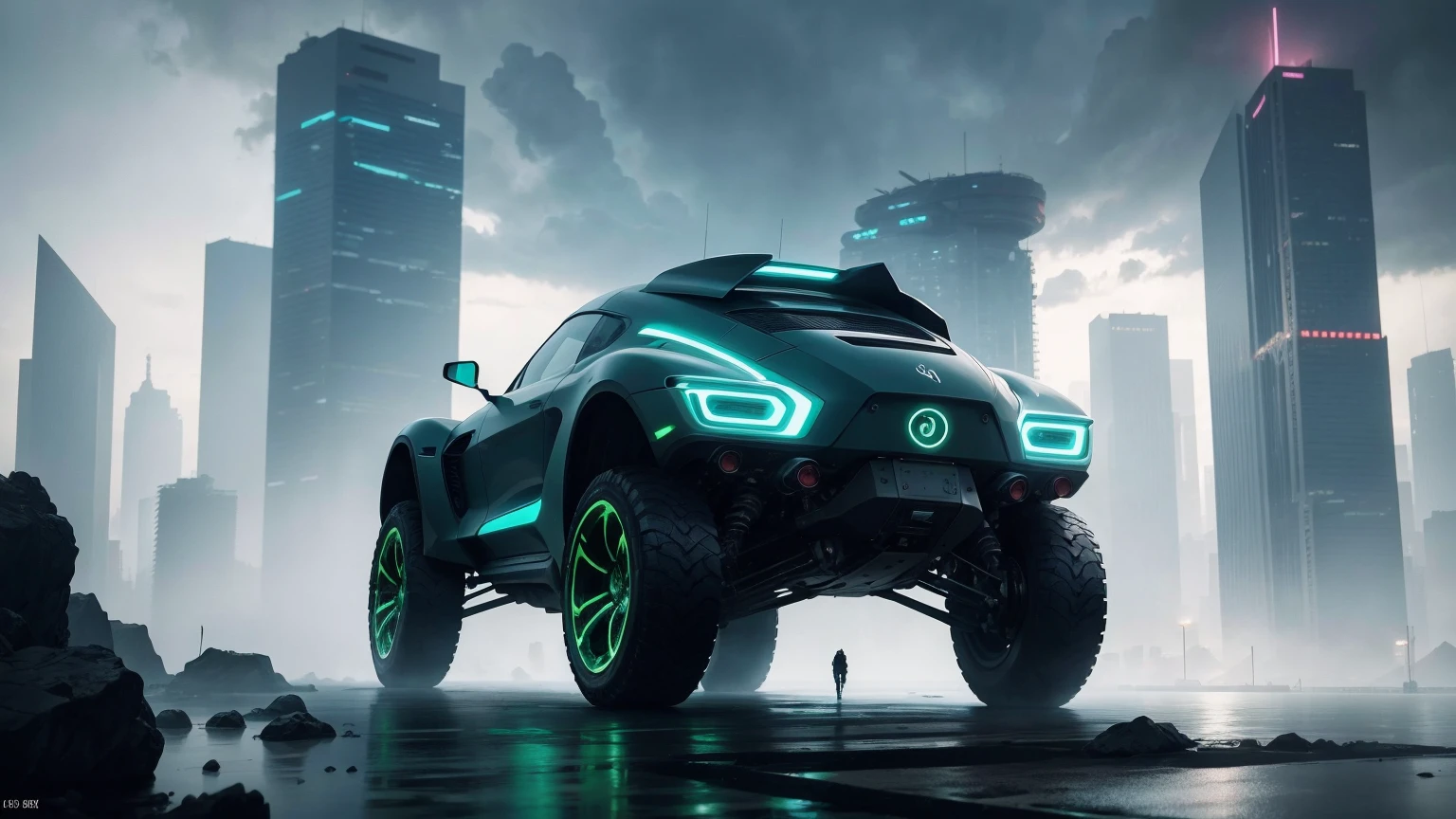 1 futuristic green city, floating islands, cyberpunk dystopia, neon lights, hovering vehicles, advanced technology, futuristic architecture, glowing holograms, reflective surfaces, dramatic lighting, moody atmosphere, cinematic composition, vivid colors, surreal landscape, intricate details, (best quality,4k,8k,highres,masterpiece:1.2),ultra-detailed,(realistic,photorealistic,photo-realistic:1.37)