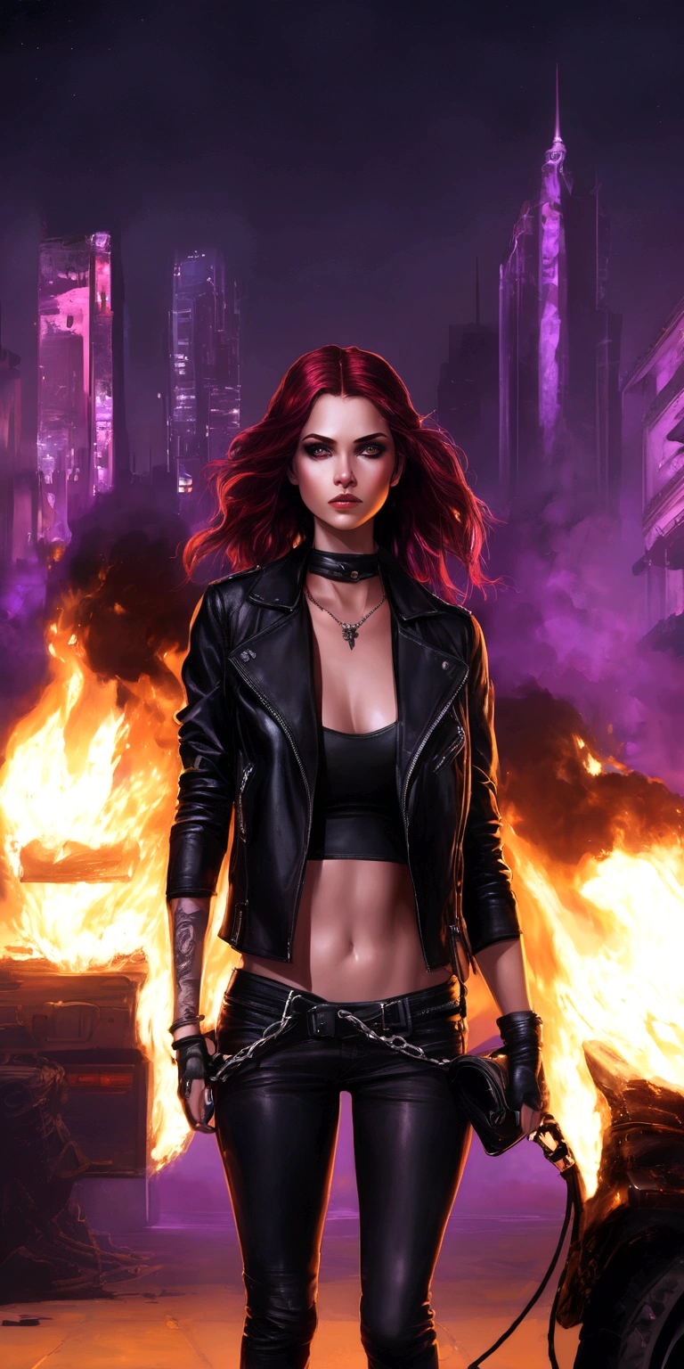 The slender, fearless figure is dressed in fitted black leather pants, combined with an equally dark crop top that slightly reveals the mysterious tattoo on her neck. A black leather jacket wraps your shoulders, giving an air of mystery and authority. Next to you, rests an infernal whip, its chains made of mystical material that glow in shades of purple and red, ready to be unleashed against your enemies.Ao fundo, your motorcycle, She too was bathed in an infernal aura, is an extension of your power and relentless determination. Your hair short and close, adds a touch of rebellion and uniqueness to your look. Under the dark light of the night, his eyes sparkle with the intensity of someone who has embraced the dark side of justice.