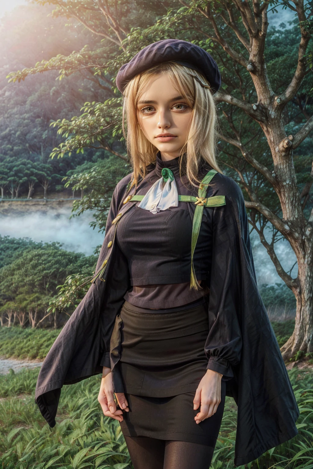 1 girl, best quality, ((Miyo)), tarankaaa, perfect face, beautiful smile, 30 years old, ((ascot, uniform, black skirt, cross, ribbon, gold blonde hair, emerald, beret, cape, pantyhose)), ((perfectly drawn hands)), perfect body, bare tree, bush, fog, forest, grass, nature, outdoors, plant, scenery, solo, standing, tree, 32k photograph, ((perfect eyes, detailed eyes,realistic eyes)), ((sharp face, detailed face, realistic face, natural skin, realistic skin, detailed skin, pores)), full body, tone mapping, asian-european, ((masterpiece)), ((highres)), ((detailed background)), japanese village background, night, big proportions,