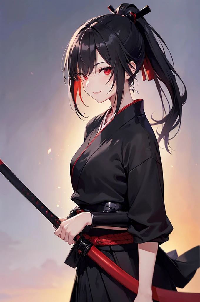 (masterpiece; best quality: 1.2), (finely detailed eyes: 1.3), ((25 year old woman)), ((solo)), (red eyes: 1.4), (body; lithe, slender, femenine: 1.3), (black hair in ponytail: 1.3), (beautiful and clear background: 1.2), ((depth of field)), (clothes: ronin attire + black hakama + black sash: 1.3), (anime illustration: 1.2), (background composition; kendo dojo + night time: 1.1), (extremely fine and beautiful: 1.1), (shot composition; standing + centered on torso + close-up: 1.5), (expression; calm, smile: 1.2)