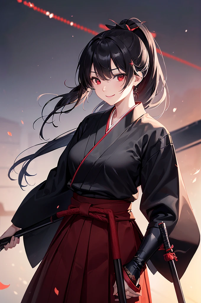 (masterpiece; best quality: 1.2), (finely detailed eyes: 1.3), ((25 year old woman)), ((solo)), (red eyes: 1.4), (body; lithe, slender, femenine: 1.3), (black hair in ponytail: 1.3), (beautiful and clear background: 1.2), ((depth of field)), (clothes: ronin attire + black hakama + black sash: 1.3), (anime illustration: 1.2), (background composition; kendo dojo + night time: 1.1), (extremely fine and beautiful: 1.1), (shot composition; standing + centered on torso + close-up: 1.5), (expression; calm, smile: 1.2)