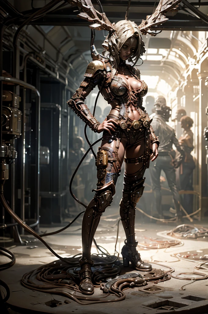 A full-length figure of a cool girl wearing a detailed steampunk armored suit. Exposed wiring, lots of cords and tubes connecting to the system.