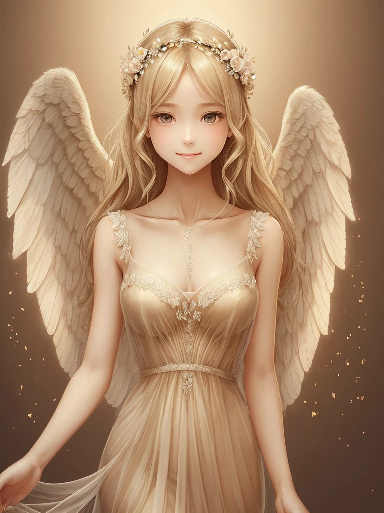 ( Anatomy is quite accurate ) One is wearing a beige gauze dress、With wings、Woman with beige light blond hair wearing flower crown( perfect anatomy )  Translucent wings, Beautiful angel wings,Extremely detailed close up of smiling female angel in flowing gauze dress elegant、Beautiful masterpieces, meticulous depictions, extremely delicate works of art, ultra-precision art,Stunning digital art