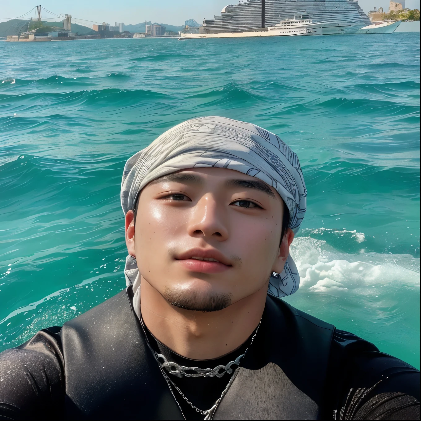 arafed man in a wet suit and a bandana on a boat, taken at the beginning of 2020, Kim tae, hyung tae, no ocean, no ocean water, wearing a bandana and chain, in the sea, the ocean ao fundo, maluma singer, on a boat, very low quality image, ocean, jungkook profile picture with headshot, Korean boy