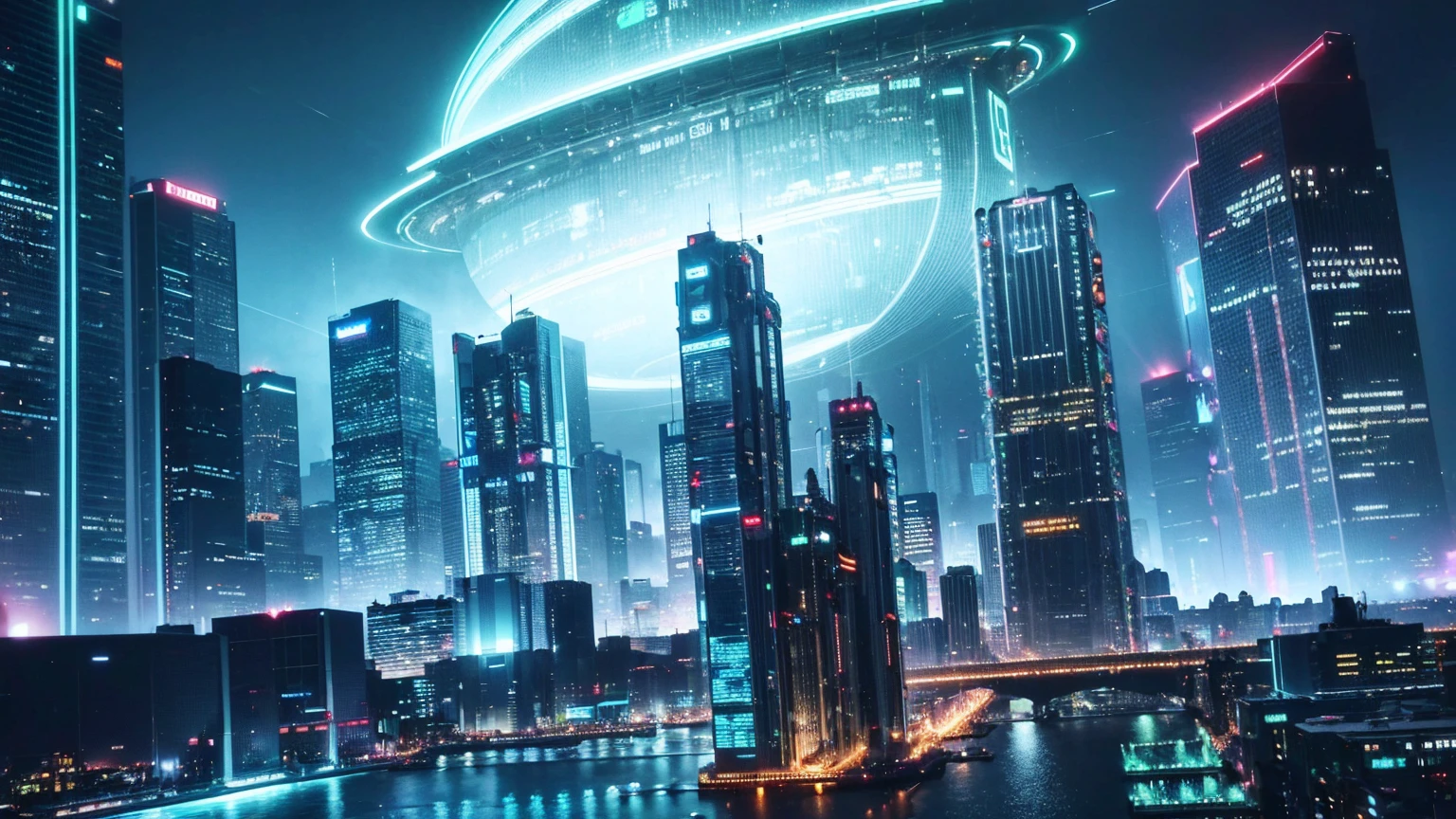 a futuristic green city, cyberpunk cityscape, neon lights, skyscrapers, floating islands, advanced technology, aerial vehicles, shimmering glass buildings, metallic structures, bioluminescent plants, neon signage, holographic displays, clean energy, flying cars, elevated walkways, glowing architecture, chrome and steel, seamless integration of nature and technology, cinematic lighting, intricate details, vibrant colors, dramatic shadows, masterpiece, (best quality,4k,8k,highres,masterpiece:1.2),ultra-detailed,(realistic,photorealistic,photo-realistic:1.37)