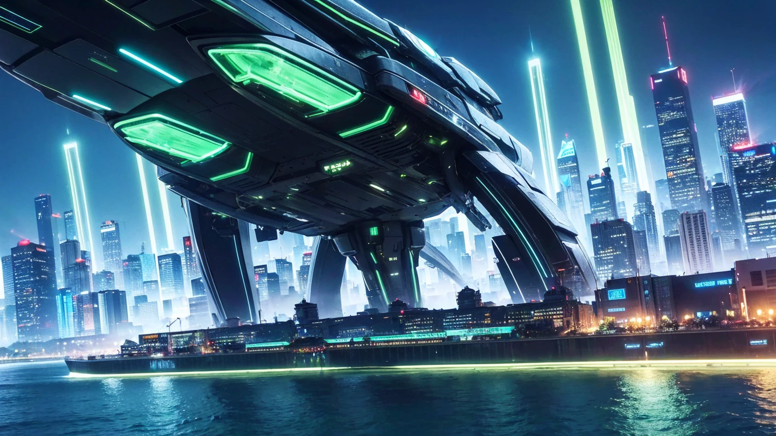 a futuristic green city, cyberpunk cityscape, neon lights, skyscrapers, floating islands, advanced technology, aerial vehicles, shimmering glass buildings, metallic structures, bioluminescent plants, neon signage, holographic displays, clean energy, flying cars, elevated walkways, glowing architecture, chrome and steel, seamless integration of nature and technology, cinematic lighting, intricate details, vibrant colors, dramatic shadows, masterpiece, (best quality,4k,8k,highres,masterpiece:1.2),ultra-detailed,(realistic,photorealistic,photo-realistic:1.37)