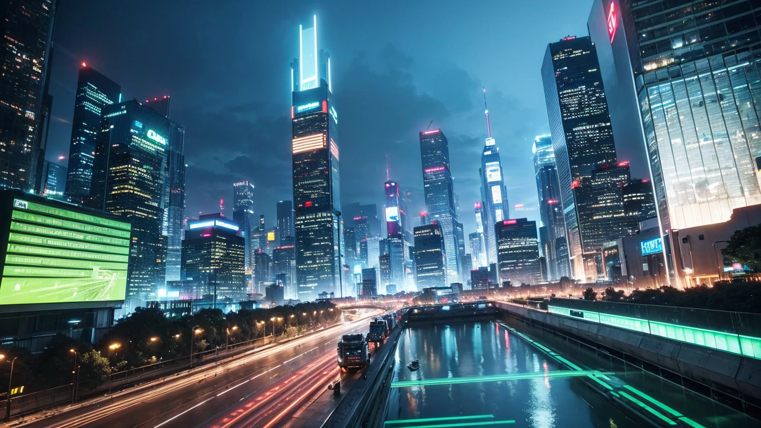 a futuristic green city, cyberpunk cityscape, neon lights, skyscrapers, floating islands, advanced technology, aerial vehicles, shimmering glass buildings, metallic structures, bioluminescent plants, neon signage, holographic displays, clean energy, flying cars, elevated walkways, glowing architecture, chrome and steel, seamless integration of nature and technology, cinematic lighting, intricate details, vibrant colors, dramatic shadows, masterpiece, (best quality,4k,8k,highres,masterpiece:1.2),ultra-detailed,(realistic,photorealistic,photo-realistic:1.37)